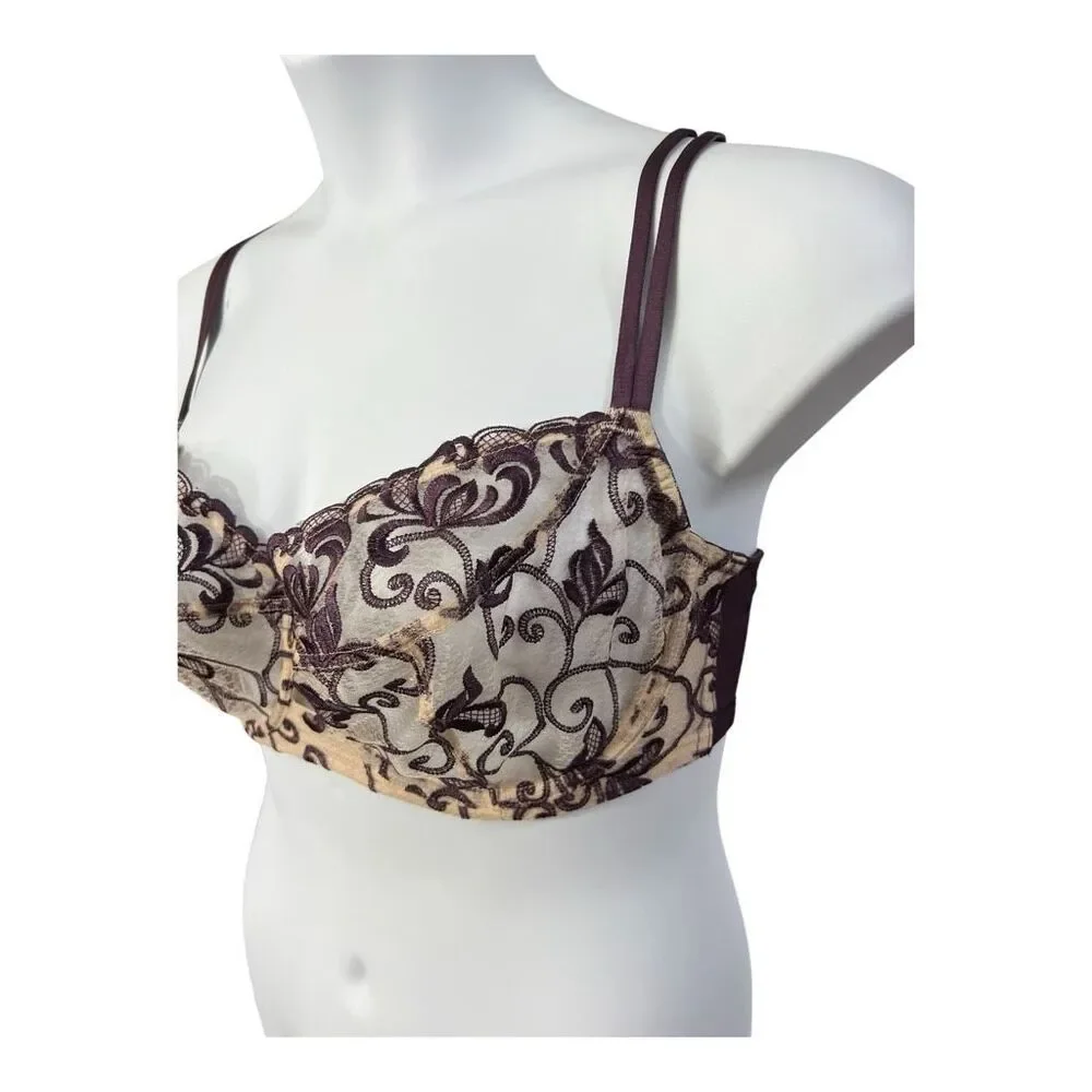 Cacique Purple Lace Sheer Balconette Bra Plus Size 40DD Underwire Embroidered